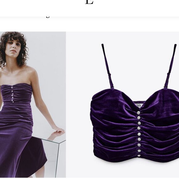 Zara Purple Velvet Ruched Crop Top with Spaghetti Straps - Size Small NWT - Picture 2 of 9